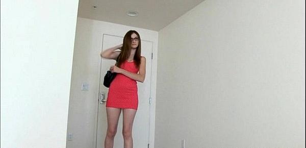  Leggy nerd with glasses gives porn a go